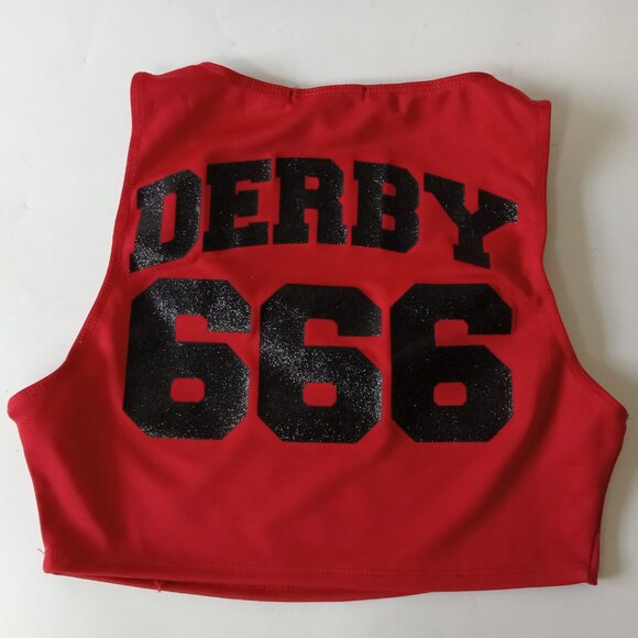 DOLLS KILL Womens Med Derby 666 Cheerleader Halloween Red Crop Tank Top Shirt - Picture 9 of 9